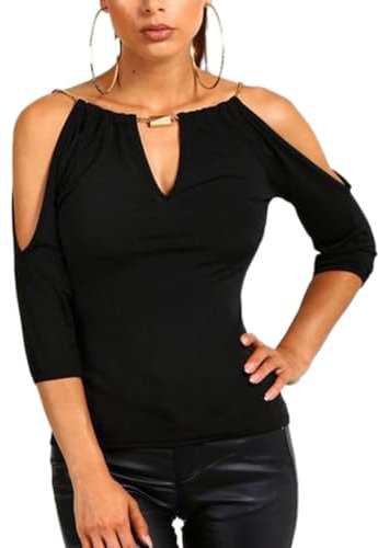 EMOTTOS Unique Women 3/4-Sleeve Tops, V Neck Loose Casual T-Shirt with Movable Chain, Off-Shoulder 3/4 Long Sleeve Tunic Tops Pullover T-Shirt(Black-M)