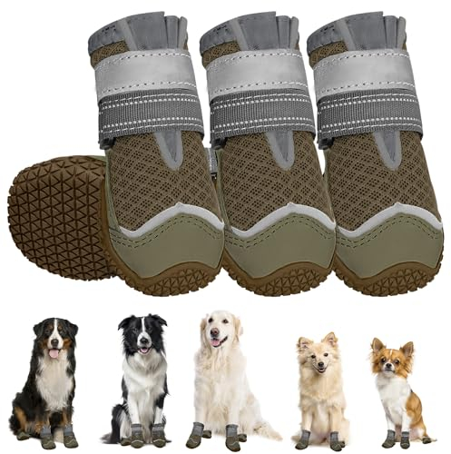 Eyein Hundeschuhe Pfotenschutz, 4 Stück atmungsaktiv Hundeschuhe mit Rutschfester Sohle und reflektierendem Klettverschluss für kleine, mittlere und große Hunde, Sport im Freien, Braun, Größe 5
