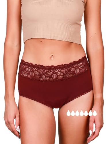 Taynie Deluxe Ultra Perioden Unterwäsche Starke Blutung - auslaufsichere & atmungsaktive Menstruationsunterwäsche - ersetzt 7 Tampons, Periodenslip Tragedauer bis 12Std, waschbar 60°C (44, Rot-braun)