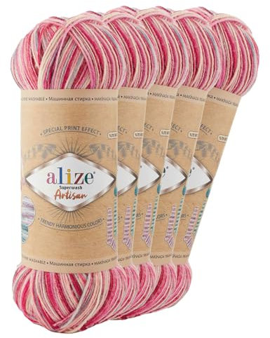 5 x 100g Sockenwolle Alize Superwash Artisan 75% Wolle Strickwolle Häkelgarn Farbwahl, Farbe:9002 Girlywood