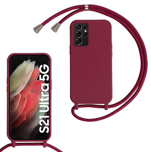 Coque pour Samsung Galaxy S21 Ultra avec Cordon,Collier pour Étui en Silicone Liquide avec Portable Sangle Réglable Bandouilière Lanyard Colliers,Housse Anti-Choc Case Samsung S21 Ultra Lanière,Rouge
