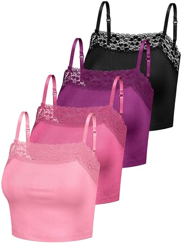 Bencailor Pack of 4 Women's Camisole Crop Tops with Lace Trim Lace Cami Tops for Girls, Pink, Rose red, Purple, Black, XL