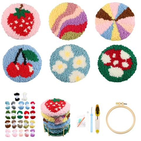CEOVR Punch Needle Embroidery Kit Blumen,Pilze Punch-needle Sticken Untersetzer Erwachsene,Regenbögen Sticknadeln Stickrahmen Set Vollständig,10x10 cm