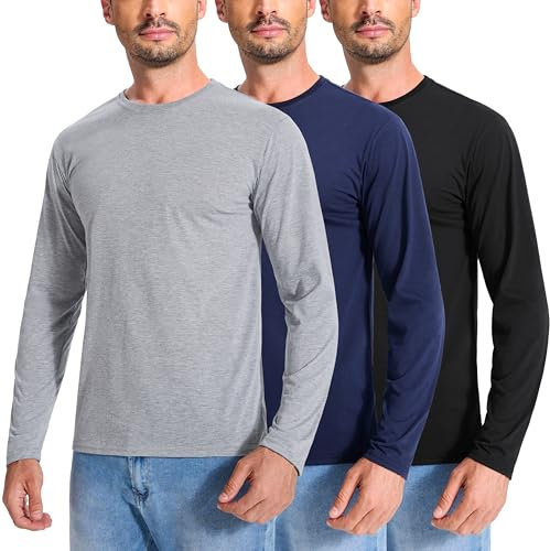 3 Pack Men's Cotton Long Sleeve T-Shirts Plain Crew Neck Tee Lightweight Basic Layer Shirts Tops Slim Fit,3p1,L