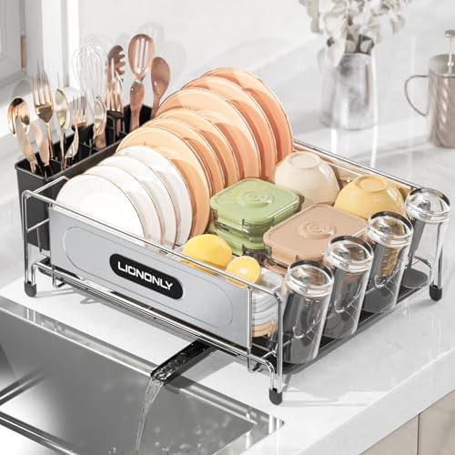 LIONONLY Dish Drainer Rack with Drip Tray,Premium 304 Stainless Steel Dish Drying Rack for Kitchen,Anti-Rust Draining Board Rack with Cup Holder,Swivel Spout & Utensil Holder,Sink Drainer Rack (Black)