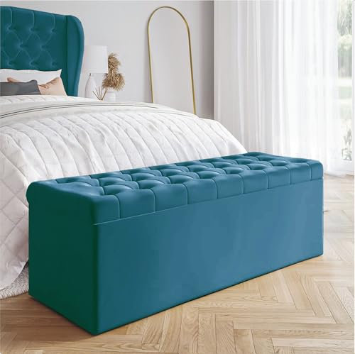 AZ Interiors Royal Furniture 90cm Wide Chesterfield Ottoman Storage Bench, Plush Velvet Bench with Storage, End of Bed Bench, Velvet Upholstered Coffee Table, Entryway Bench (Emerald Green Velvet)