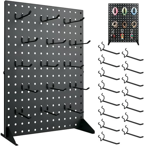 Metal Pegboard Display Stand With 15 Peg Board Hooks Accessories, Desk Pegboard Panels, Merchandise Display Rack for Selling Accessories Vendors & Events Retail Craft Shows & Fairs (17*13Inch, Black）