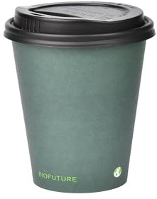 BIOFUTURE Biodegradable Coffee Cups – 50 x 6oz – 16oz (170ml – 450ml) Disposable Paper Cups with Lids – Eco-Friendly and 100% Compostable – Ideal for Tea, Coffee, and Hot Drinks (Green, 6oz)