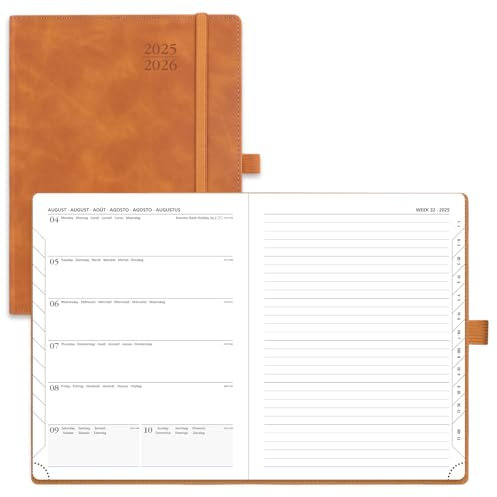 POPRUN Kalender 2025 2026 Buchkalender Notizbuch (Aug.2025-Dez.2026), ca. A5 (22 x 16,5 cm), Terminplaner, Wochenplaner Softcover mit PU-Leder, Zertifiziertem Papier - Braun