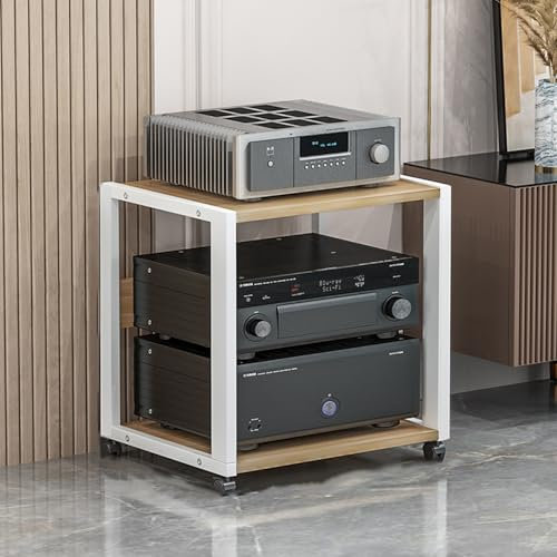 Bubinblau AV Media Stand, CD Player Stand with Adjustable Shelf, Audio Rack with Steel Frame & Wooden Board, Stereo Component Storage Cabinet,White,2 Tier