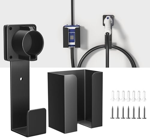 Type 1 EV Charger Holder-J1772 Charging Box Holder, Nozzle Holster Dock and Cable Organizer, Wall-Mount Connector with J-Hook Combination for J1772, EV Cable Holder Wall-Mount Electric Vehicle Charger