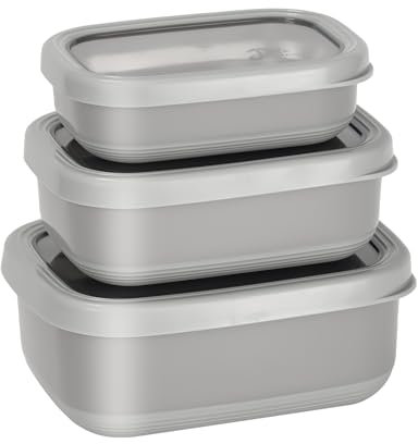 Lille Home Contenedores de comida de acero inoxidable de primera calidad con exterior antideslizante, juego de 3, 470 ml, 900 ml, 1.4 L, a prueba de fugas, sin BPA, control de porciones (Gray)
