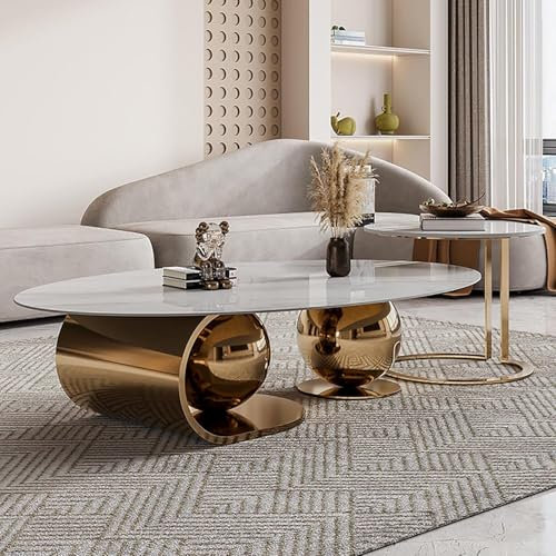 ZHENCHAO Moderner ovaler Couchtisch aus Marmor, 2er-Set, luxuriöser Mitteltisch aus Edelstahl für das Wohnzimmer, stabiles minimalistisches Wohnmöbel, 130 cm