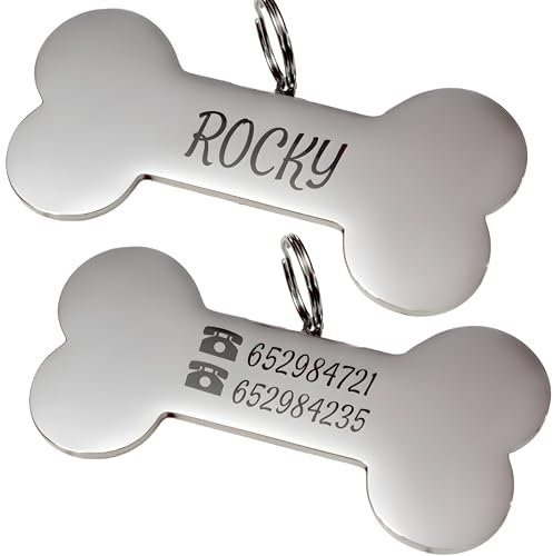 Chapa de Identificación Personalizada para Perros y Gatos – Placa Grabada de Acero Inoxidable con Nombre y Teléfono – Ideal para Mascotas Pequeñas, Medianas y Grandes (Hueso acero 37 cm)