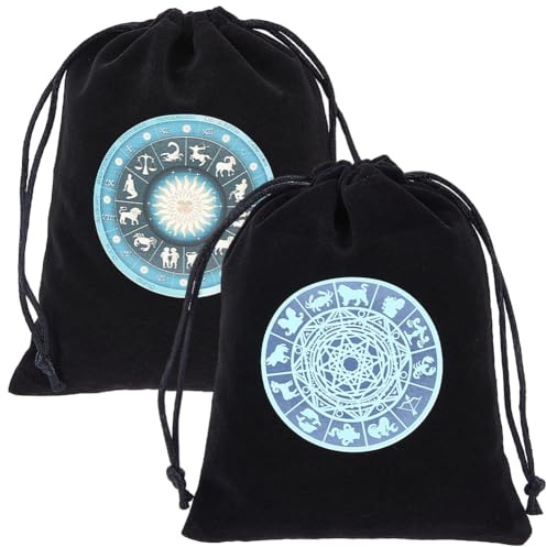 CREATCABIN 2 Stück Tarotkartenbeutel Samtbeutel Mit Kordelzug Würfel Tarotkartenhalter Beutel Schwarz The Zodiac Tarot Schmuck Aufbewahrungstasche Für Enthusiasten Kristalle Würfel Hexerei 12.5x15cm