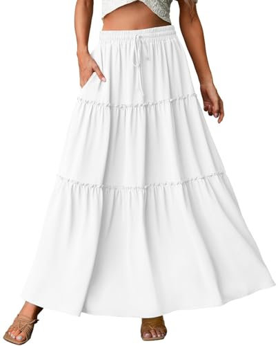 Genfien Women's Skirts Elegant Maxi Skirt Elasticated Waist Pleated A Line Skirts Boho for Party Summer Basic Casual White