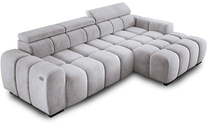 Ecksofa OMBO 285x168x77/97 cm, Rechte Seite Mit Schlaffunktion, Elektrisch Ausziehbarer Sitzfläche, Verstellbaren Kopfstützen, Dunklen Buchenholzfüßen, Hydrophobem SALVADOR-Bezugstoff - Esche