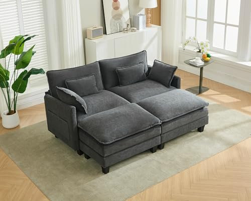SITURAY Doppellagige Ecksofa Modulares Sofa, Wohnlandschaft L-Form Cloud Couch mit Ottomane, Chenillestoff Eckcouch Corner Sofa mit Schlaffunktion für Wohnzimmer Schlafzimmer (Grau, 2 Sitzer)
