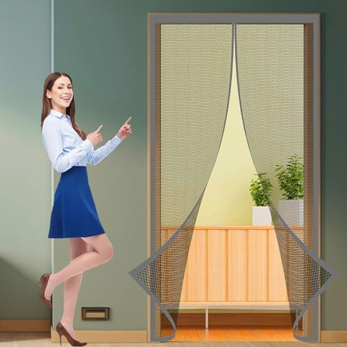 Fly Screens for Doors Metal 120 x 193 cm Mesh Curtain No Drilling Full Frame Magic Tape for French Doors Sliding Glass Patio, Grey