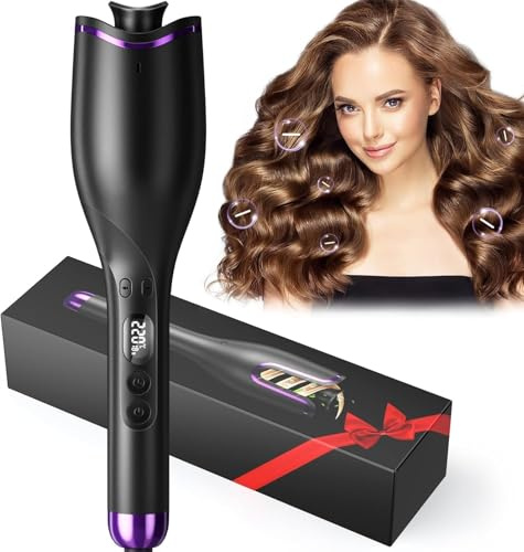 Ushine Hair Curler Automatic Rotating 360°,Fast Heating Ceramic Barrel Curling Wand for Long/Short Hair, Anti-scalding Hair Curling Tongs Negative Ion Curling Iron with 4 Temps & LED Display & Timer