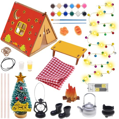 Shinybox DIY Puppenhaus Zubehör, Miniatur Weihnachten Dekorative Ornamente mit Wichtel Lichterkette Miniatur und 12 Farben Pigment, DIY Dekor Geschenk Puppenhaus Zubehör