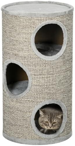 PawHut Tonneau à gratter pour Chat, Tour à griffer en sisal, Arbre à Chat à 3 Niveaux recouvert de Peluche, Ø 38 x 70 cm, Gris