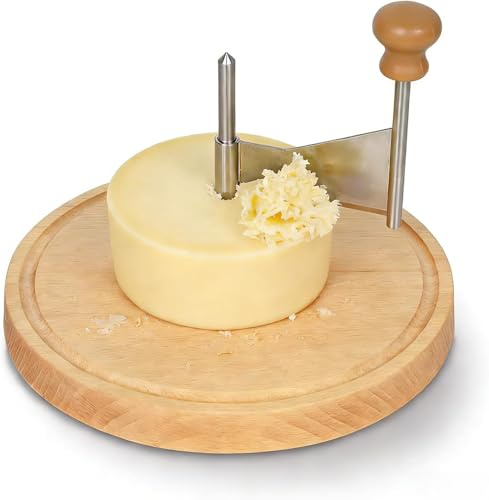JIANHUA Käsehobel Rund, Runder Holzkäseschliffer, Käse Käseschneider | Käseschaber für Tete de Moine 19.5 cm x 14.3 cm, Käseschneider mit Edelstahlklinge und Holzsockel, für alle Käsesorten