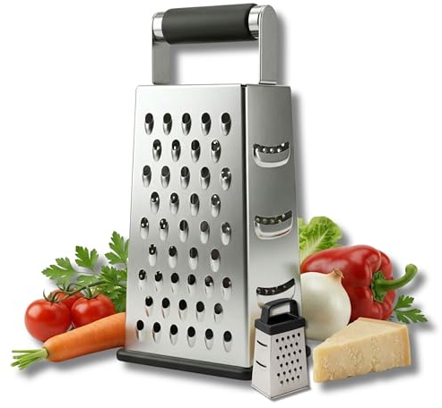 ELEGANCIO Edelstahl 4in1 Vierkantreibe rutschhemmend 25 x 11,2 cm + Mini Käsereibe GRATIS 4-seitige scharfe Küchenreibe ideal als Kartoffelreibe Gemüsehobel Multireibe (silber groß/schwarz Mini)
