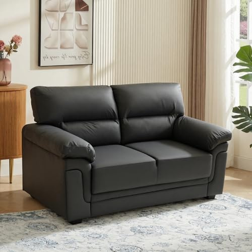 Panana Modern Luxury Faux Leather Comfortable Sofa Couch Settee, Pillow Top Arm Sofa Couch, 2 Seater or 3 Seater for Choice (Black, 2 Seater)