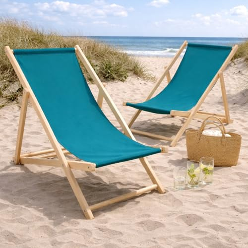 HAGO24 Strandliege Petrol 4er Set Sonnenliege Gartenliege Liegestuhl Klappstuhl Holz Kiefernholz Polyester 3fach verstellbar faltbar Balkon Terrasse 120kg