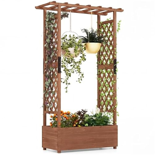 GOPLUS Blumenkasten mit Rankgitter & hängendem Dach, Pflanzkasten Holz mit Rankhilfe, Hochbeet für Kletterpflanzen & hängende Körbe, Pflanzkübel für Garten, Hof & Balkon (200 x 44 x 114 cm,Braun)