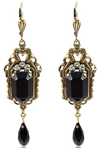Vintage Ohrringe Gold Jugendstil Schwarz mit Markenkristallen NOBEL SCHMUCK