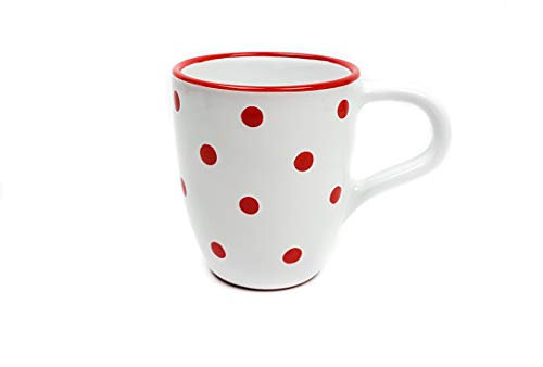 UNGARNIKAT Keramik Milchkaffeebecher, Kaffeebecher Weiß mit handbemalten rot Punkten, Teetasse 280 ml, Mikrowellengeignet, Kaffeetasse für Küche und Büro, Spühlmaschinengeignet.