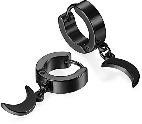 JewelryWe Schmuck Herren Ohrringe Creolen, Edelstahl Huggie Hoop Klappcreolen Ohrpiercing Ohrhänger Ohrstecker mit Mond Anhänger Geschenk für Männer Damen Schwarz