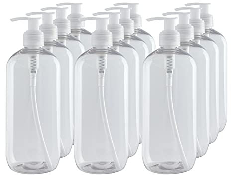 Bote dispensador de Gel rellenable 500 ml. Frasco dosificador hermético de plástico Pet Transparente para jabón, champú, lociones, hidroalcohol. (12 Unidades).