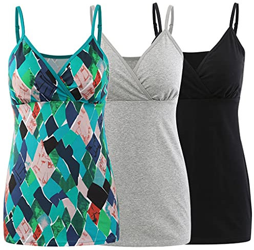 COLOMI Canottiere Premaman Allattamento Reggiseno Incorporato per Allattamento Canotta Base (Black+Grey+Green Print/3Pack, L)