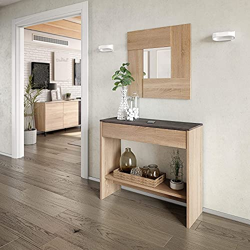 Dmora - Mobile da Ingresso Gilbert, Entratina con Specchio, Mobile con cassetto e ripiano per entrata, Armadio Moderno per atrio, cm 92x33h149, Rovere e Noce