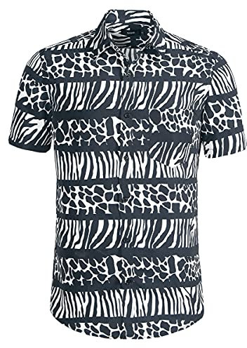 Men's Short Sleeve Shirts Leopard Print Button Down Casual Tropical Shirts for Men Beach Hawaiian Aloha Shirt, White, XL