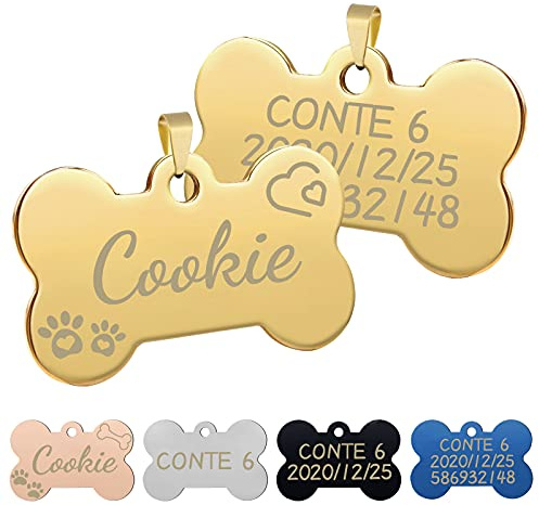 Uiopa 2 Piezas Chapa Perro Grabada, Hueso Placas para Perros Personalizadas de Acero Inoxidable, Etiquetas de Identificación de Mascotas para Collar Perro y Gato (Dorado, S)