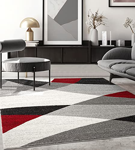 the carpet Pearl Moderner Dichter Kurzflor Wohnzimmer Schlafzimmer Teppich, Konturenschnitt, Geometrische Muster, Wellenmuster, Grau Rot, 160 x 220 cm