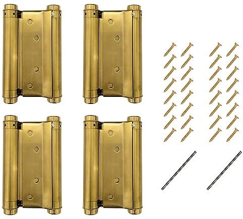 2 Pairs Double Action Stainless Steel Door Hinges in Brass Saloon Cafe Door Self-Closing Perfect Adjustable (5inch (126mm))