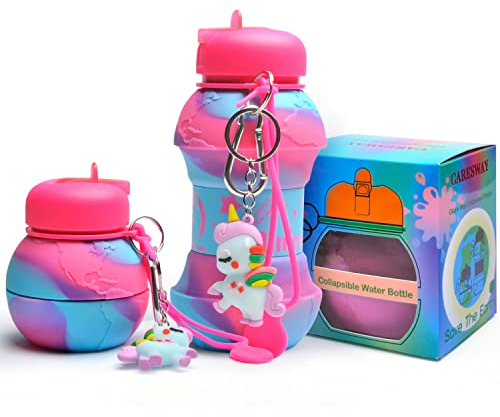 CARESWAY Kids Water Bottle with Keyring – 500ml Girls & Boys Unicorn Kids Drinks Bottle - Foldable Collapsible BPA Free Childrens Water Bottle - Kids Water Bottles for School (Unicorn)