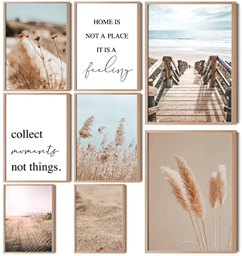 HappyArts® | Premium 8er Poster Set | Bilder Wohnzimmer Deko Schlafzimmer | Gräser Meer Strand Natur Pampas (ohne Rahmen)