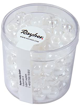 Rayher Großlochperlen, Glas, weiß und kristall, 6,7 mm ø, Großlochradl, Perlen zur Schmuckherstellung, Dose 55 g, 14872102