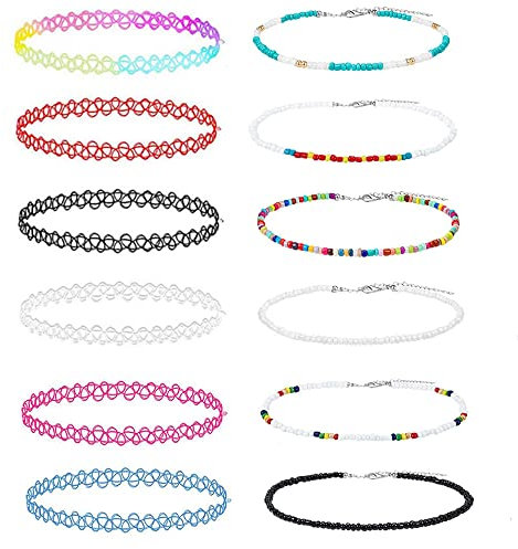 LICQIC Choker Halskette Sets, 90er Choker Kette für Mädchen Frauen Kinder, 12 Stück Farbig Halskette