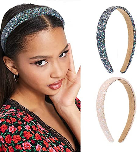 Zoestar Glitzer-Pailletten-Stirnbänder, breit, gepolstert, elastisch, Turban-Haarbänder, Party, Mode, Haarschmuck für Damen und Mädchen, 2 Stück (Schwarz und Beige)