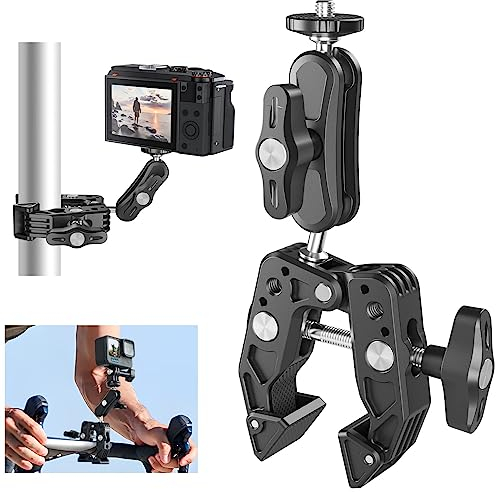 TELESIN Super Clamp Mount Camera Monitor Bike Handlebar 360 Ballhead Magic Arm with 1/4 3/8 Port Extension Holder Adapter for Canon Nikon DSLR GoPro Action Camera Video Light Ronin-M Freefly MOVI
