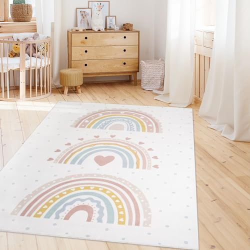 TT Home Kinderzimmerteppich Teppich Junge Mädchen Kinderteppich Baby Herzen Pastell, Farbe:Rosa Beige, Größe:140x200 cm