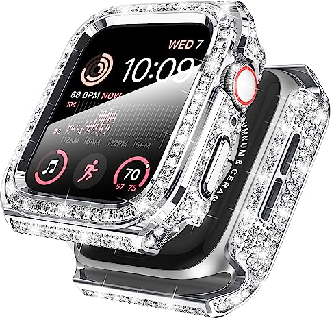 Kamita Diamant Hülle Kompatibel mit Apple Watch Series 6/Series 5/Series 4 44mm, Glitzer Hart PC Bumper Case mit Hartglas Displayschutzfolie Bling Schutzhülle für Apple Watch Series SE 2 (Silber)