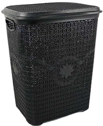 Best House | 65L Laundry Basket with Lid | BLACK | 65 Litres | Large | Plastic Hamper | Knitted/Rattan Style | Clothes Storage Washing Bin Basket Hamper for Bathroom Bedroom (Pack of 1)